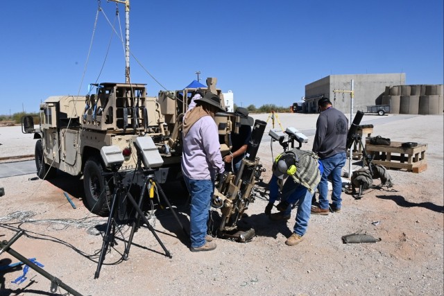 U.S. Army Yuma Proving Ground (YPG) recently conducted a characterization test of the Sling mobile mortar system. The mortar is a standard 120 mm tube with the sling system and fire control system mounted to the back of a military vehicle. The weapon can be automatically deployed and emplaced in less than one minute and fire up to 16 rounds in the first minute of fire, four rounds per minute for extended periods of time thereafter.