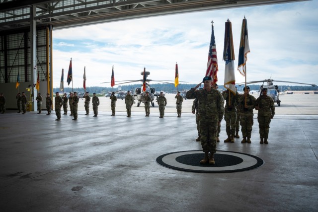 The new commander of America’s First Corps, Lt. Gen. Matthew McFarlane, stands in front of the formation during a change of command ceremony on Oct. 25, 2024, at Joint Base Lewis-McChord, Washington. The change of responsibility ceremony is one...