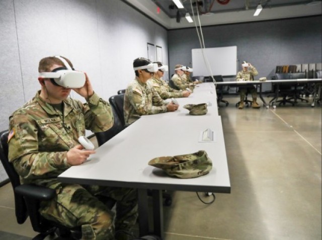 Soldiers at Fort Campbell, Kentucky, participate in a virtual reality SHARP training to learn the 'Three Ds' of bystander intervention, Direct, Distract, Delegate. (U.S. Army photo by Sgt. Caleb Pautz)