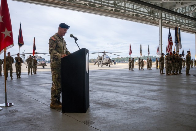 The new commander of America's First Corps, Lt. Gen. Matthew McFarlane, addresses the audience during the change of command ceremony on Oct 25, 2024, at Joint Base Lewis-McChord, Washington. McFarlane commented on his eagerness to lead the...