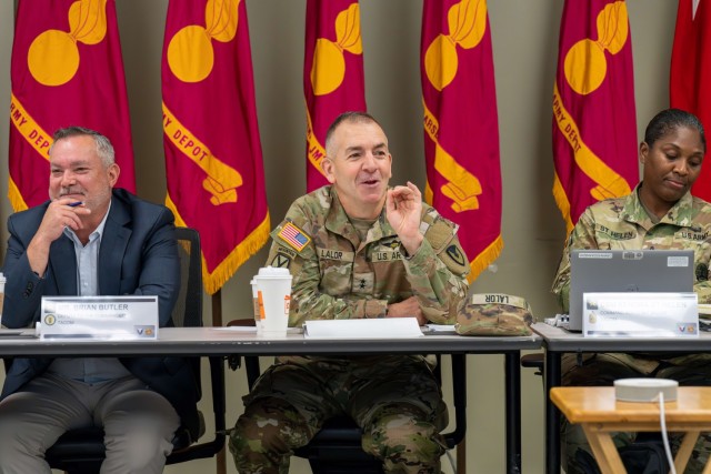 Brian Butler, deputy to the commander, Maj. Gen. Michael B. Lalor, and Command Sgt. Maj. Kendra St Helen at the TACOM Depot and Arsenal Commanders&#39; Forum.