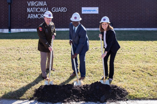 Maj. Gen. James W. Ring, adjutant general of Virginia; retired Col. Everton Nevers, the Virginia Department of Military Affairs chief of staff; and Nikole Johnson, Blackstone STARBASE Academy director, break ground on the Blackstone STARBASE Academy Oct. 20, 2024, in Blackstone, Virginia. STARBASE is a Department of Defense program to expose youth to technological environments and positive civilian and military role models by providing 25 hours of hands-on instruction and activities in science, technology, engineering and math that meet or exceed national standards.