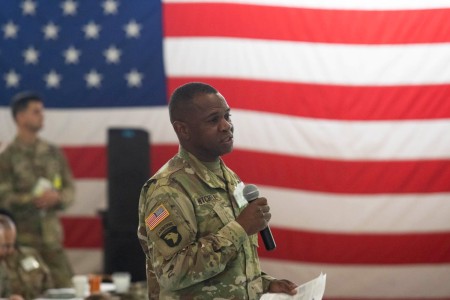 U.S. Army Reserve Brig. Gen. Louis Mitchell, deputy commanding general – operations, 416th Theater Engineer Command, speaks to an audience of Army Reserve senior leaders about large-scale mobilization operations during a weeklong exercise at Fort Liberty, North Carolina, on Sept. 23, 2024. Exercises such as these foster collaboration for USAR leaders to train together, strengthen relationships between commands and identify opportunities for improvement. (U.S. Army Reserve photo by Capt. Gary Grantham)