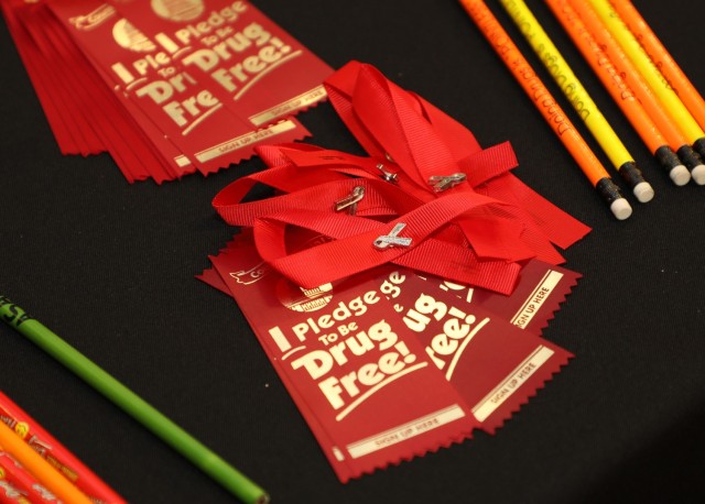 Zama Middle High School launched its anti-drug campaign with a ribbon cutting and pledge while local organizations shared healthy lifestyle tips with students on Oct. 28, 2024, at Camp Zama, Japan. The Red Ribbon is celebrated every year. .