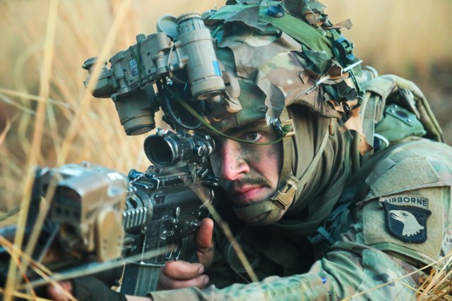 Spc. Issaic Billings, an infantryman from 2nd Brigade Combat Team, 101st Airborne Division (Air Assault), pulls security during an engagement with the opposing force, as part of Operation Lethal Eagle24,1, April 25, 2024, on Fort Campbell, Kentucky. Operation Lethal Eagle is a 21-day rigorous training exercise designed to train individual and unit lethality, prototype Army initiatives, and build mastery of large-scale, long-range air assault capabilities. 