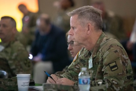U.S. Army Reserve Maj. Gen. Michael J. Dougherty, commanding general of the 80th Training Command, listens to a senior leaders speak on large-scale mobilization operations during a weeklong exercise at Fort Liberty, North Carolina, on Sept. 23, 2024. Exercises such as these foster collaboration for USAR leaders to train together, strengthen relationships between commands and identify opportunities for improvement. (U.S. Army Reserve photo by Capt. Gary Grantham)