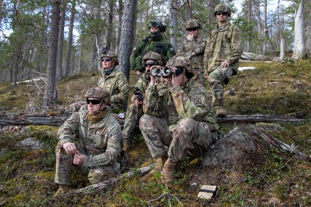 U.S. Army Soldiers assigned to the 3rd Brigade Combat Team, 10th Mountain Division at Fort Johnson, Louisiana, watch an artillery demonstration during exercise Defender Europe 2024 near Rovaniemi, Finland, May 17, 2024. Defender Europe is the largest North Atlantic Treaty Organization exercise held since the end of the Cold War and integrates multiple NATO ally assets in the region in an effort to respond to any hostility in the region.