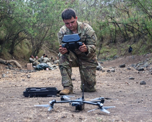 Spc. Brendan Nicholas, an infantryman assigned to the 25th Infantry Division prepares to launch a Skydio X10D Drone during Joint Pacific Multinational Readiness Center 25-01 on Schofield Barracks, Hawaii, Oct. 5, 2024. The Joint Pacific Multinational Readiness Center is the Army’s newest combat training center and generates readiness in the environments and conditions where forces are likely to operate.