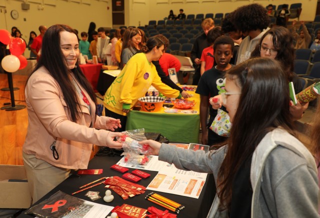 Zama Middle High School launched its anti-drug campaign with a ribbon cutting and pledge while local organizations shared healthy lifestyle tips with students on Oct. 28, 2024, at Camp Zama, Japan. The Red Ribbon is celebrated every year. .