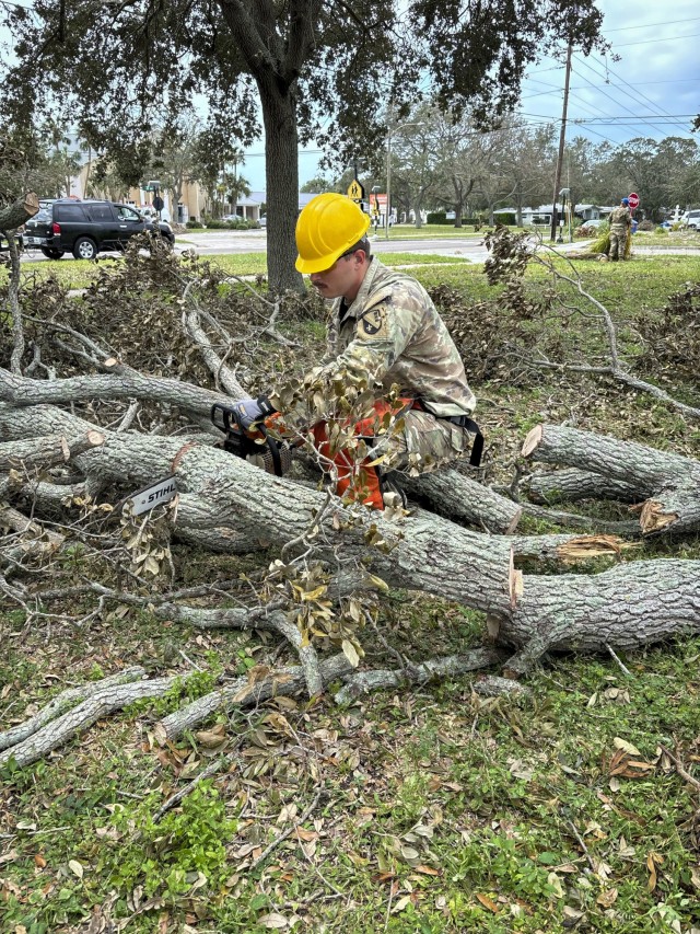 Soldiers with the Louisiana National Guard’s 843rd Engineer Battalion, 225th Engineer Brigade, clear debris  in Manatee, Florida, Oct. 16, 2024.