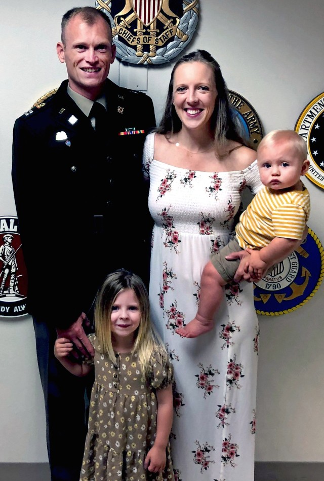 Army Capt. Kyle Smith, a logistics officer, 4th Infantry Division, Fort Carson, Colorado, poses for a photo with his wife, Mariah, daughter, Kylah, and son, Ryker, after graduating from the Captain Career Course at Fort Greg-Adam, Virginia, Aug....