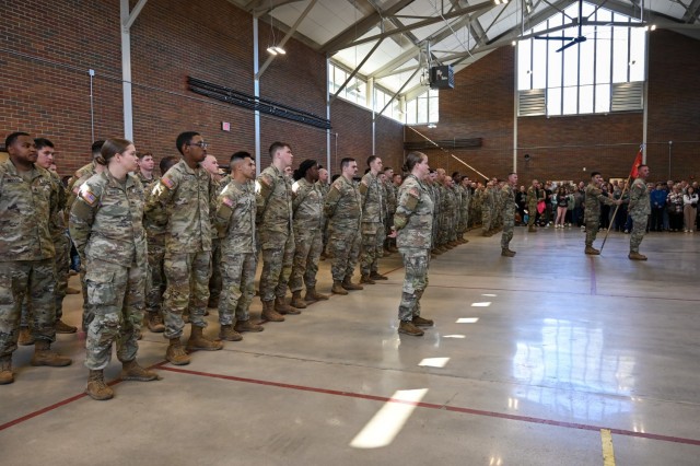 Soldiers assigned to 2nd Battalion, 263rd Air Defense Artillery, 263rd Army Air and Missile Defense Command, South Carolina Army National Guard, attended a deployment departure ceremony Oct. 19, 2024, at the Easley Readiness Center, Easley, South Carolina. This unit is preparing to deploy to support Operation Inherent Resolve. (U.S. Army National Guard photo by Maj. Ed Duvall)