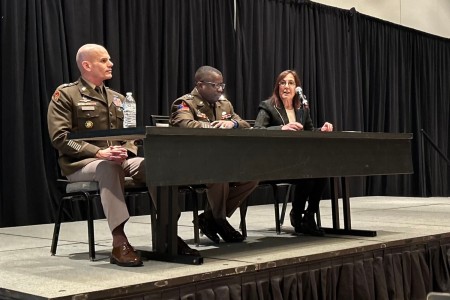 IMCOM Commanding General Lt. Gen. Omar Jones, from left, Deputy Chief of Staff for Installations Lt. Gen. David Wilson, and Hon. Rachel Jacobson, the Assistant Secretary of the Army for Installations, Energy and Environment participate in a panel during the Association of Defense Communities Installation Innovation Forum on Oct. 28. (U.S. Army photo by Alyx Alvarado)