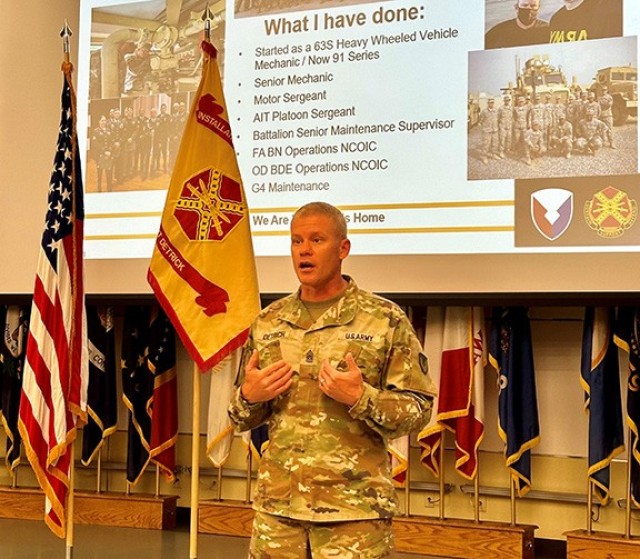 USAG Fort Detrick Command Sgt. Maj. Erick Detrich speaks at an employee Town Hall, Oct. 30, 2024.