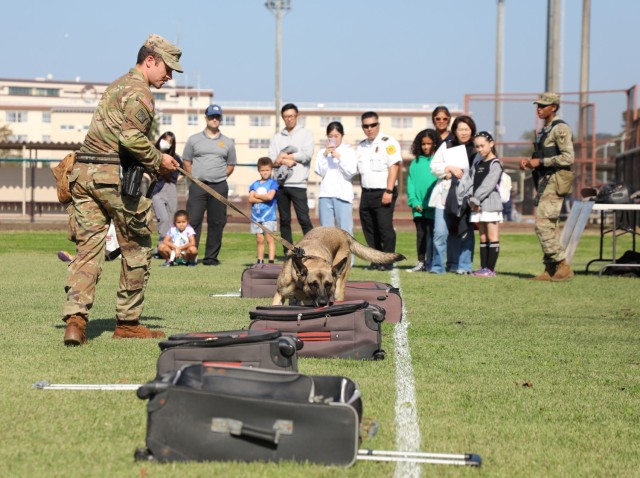 Soldiers assigned to the 901st Military Police Detachment provide a military working dog demonstration to parents and their children during the &#34;Bring Your Kids to Work Day&#34; event at Camp Zama, Japan, Nov. 4, 2024. Dozens of children...