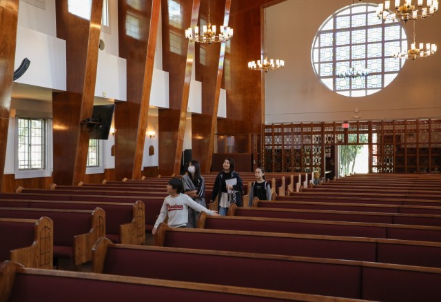 Some participants in the &#34;Bring Your Kids to Work Day&#34; event tour the chapel at Camp Zama, Japan, Nov. 4, 2024. Dozens of children belonging to Camp Zama personnel visited the installation to see the workplaces of their parents and explore...