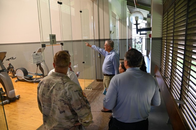 Official's discuss facility improvements during an inspection of the Physical Fitness Center at U.S. Army Garrison Hawaii, Monday, Nov. 4, 2024. The tour included assessments of recreational facilities and infrastructure upgrades.