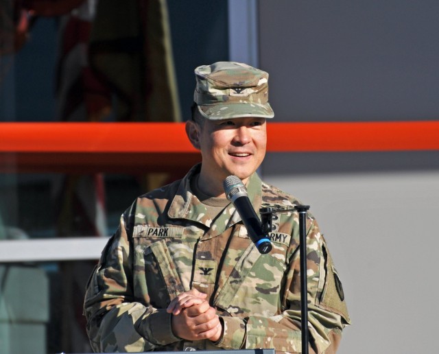 JBLM Army Garrison Commander Col. Kent Park gives the first remarks during the ISF ribbon cutting ceremony, saying the facility represents a significant investment for JBLM's future capabilities.