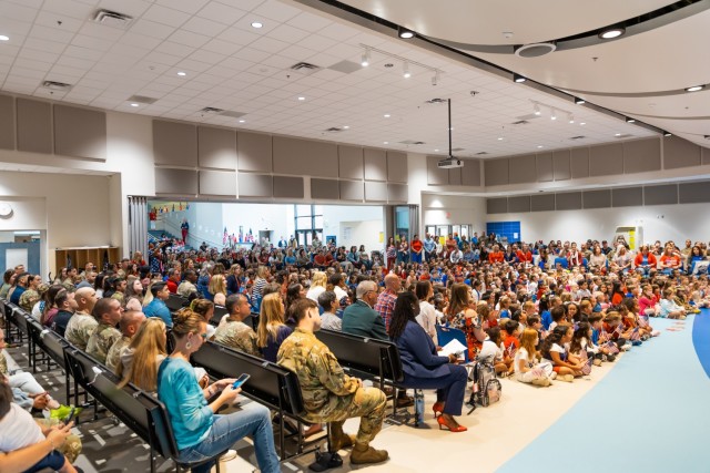 Veterans, students, and family members gather inside the Ellis D. Parker Elementary School cafeteria on Fort Novosel for the annual Veterans Day Program Nov. 7, 2024.