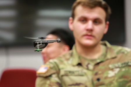 A chemical specialist from Nevada’s 455th Chemical Brigade operates a Black Hornet drone during a chemical agent detection exercise at Aberdeen Proving Ground, Maryland. The Soldier touchpoint event utilized the prototypes in a scenario where...