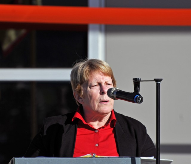 JBLM Network Enterprise Director Amy Ridgeway gives her opening remarks during the ISF ribbon cutting ceremony. Ridgeway praised the all the mission partners taking the ISF from "dream to reality."