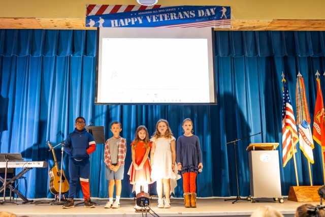 Third grade students from Ellis D. Parker Elementary School on Fort Novosel perform “Our red, white, and blue” during the annual Veterans Day Program Nov. 7, 2024.