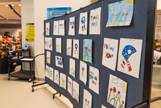 Student artwork is displayed to honor veterans on Fort Novosel during the annual Ellis D. Parker Elementary School Veterans Day Program Nov. 7, 2024.