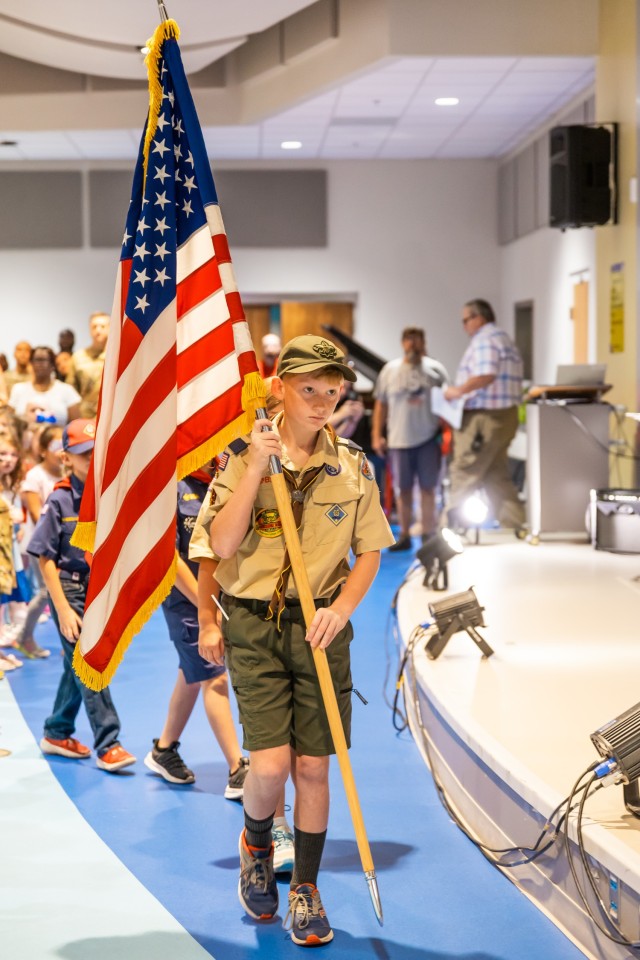 Fort Novosel cub scouts post the colors during the annual Ellis D. Parker Elementary School Veterans Day Program Nov. 7, 2024.