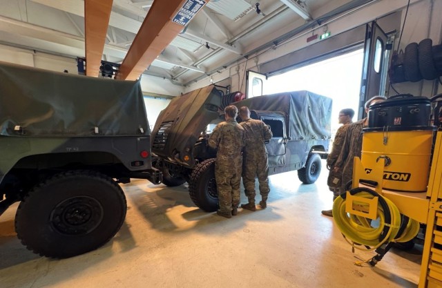 Soldiers from the 207th Military Intelligence Brigade do maintenance at Caserma Ederle, Italy. 
