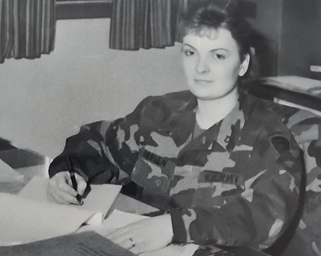 Pfc. Melissa O&#39;Brien working as a human resource specialist with 8th Personnel Command at Camp Casey, South Korea in 1992. Her leadership showed her how the Army could give her the better life she desired.