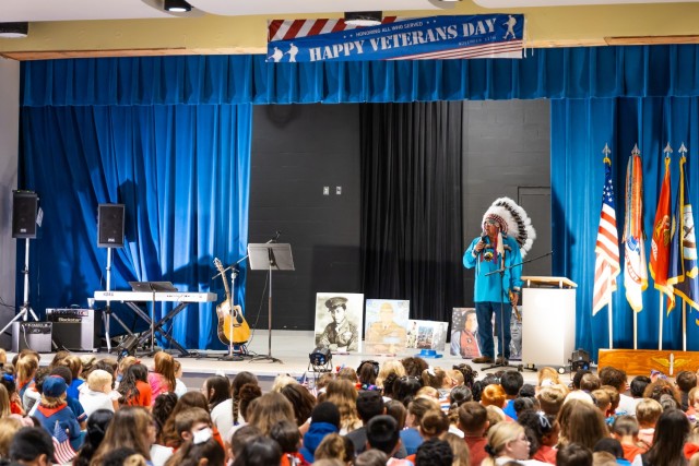 In honor of Native American Heritage month and Veterans Day, Mr. GreyBull presents Native American Veteran history during the annual Ellis D. Parker Elementary School Veterans Day Program Nov. 7, 2024.