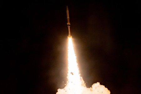 A Black Dagger Zombie missile target, designed to fly a ballistic flight path and demonstrate defensive protection capability, launches from Fort Wingate, New Mexico, Nov. 2. The flight served as a search track to test the Lower Tier Air and Missile Defense Sensor system.