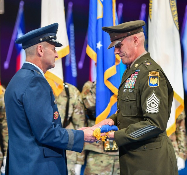 Air Force Gen. Steven Nordhaus (left), 30th chief of the National Guard Bureau, hosts a change of responsibility ceremony for the chief's senior advisor, NGB, Joint Base Myer Henderson Hall, Arlington, Virginia, Nov. 8, 2024.