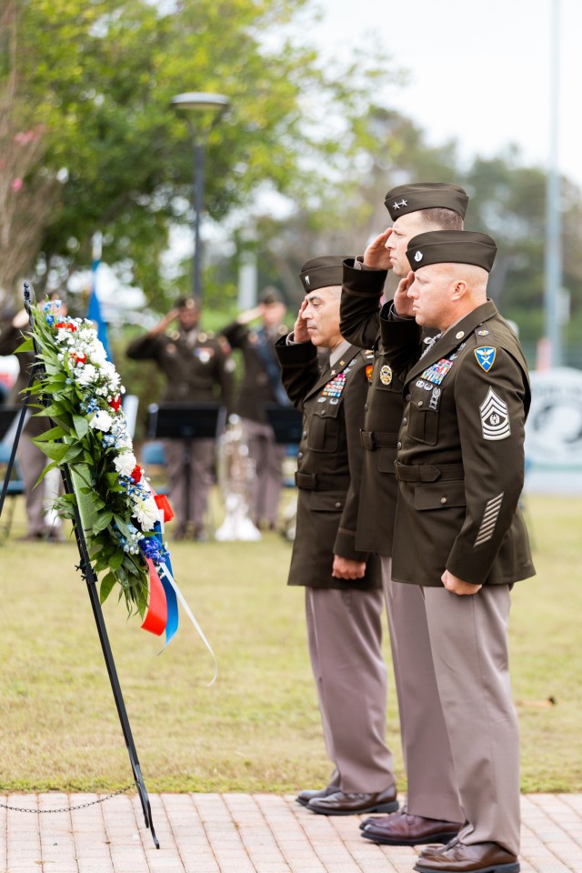 USAACE and Fort Novosel senior leaders place a wreath to honor veterans during the Veterans Day Ceremony on Fort Novosel, Nov. 8, 2024.