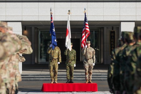 Service members from the U.S. Army, Japan Ground Self-Defense Force, and the Australian Army, renders a salute to the national anthems of each country at the opening ceremony for Yama Sakkura 85 in Camp Asaka, Saitama, Japan, Dec. 4, 2023. As a part of U.S. Army Pacific&#39;s Operation Pathways, the 43rd iteration of Yama Sakura exercise, YS 85, is the first U.S. Army, Japan Ground Self-Defense Force, and Australian Army command post exercise based in Japan. Participants from the JGSDF and the Australian Army train together with Soldiers of the U.S. Army I Corps, 7th Infantry Division, 11th Airborne Division, U.S. Army Japan, U.S. Army Reserve and U.S. Army National Guard in a Joint environment to strengthen multi-domain and cross-domain interoperability and readiness to ensure a free and open Indo-Pacific.