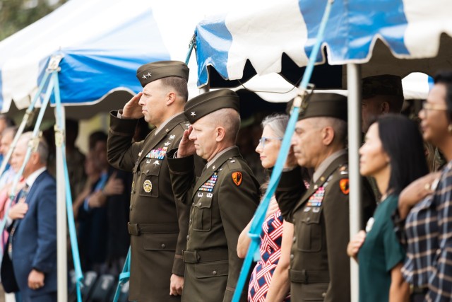 Maj. Gen. Clair A. Gill, U.S. Army Aviation Center of Excellence and Fort Novosel commanding general, and Brig. Gen. Kenneth C. Cole, deputy commanding general, honor veterans during the Veterans Day Ceremony on Fort Novosel, Nov. 8, 2024.