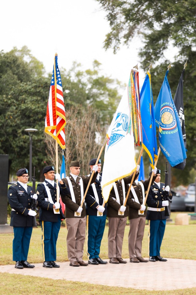 Fort Novosel Soldiers present the colors at the Veterans Day Memorial Ceremony Nov. 8, 2024.