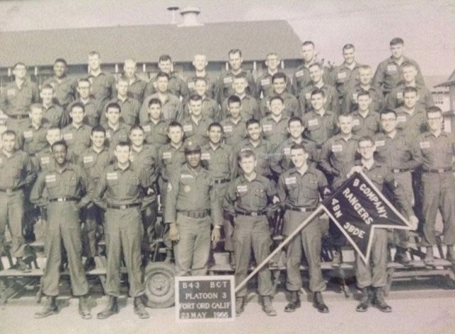 Robert Hansen poses for a group photo with Company B, 4th Battalion, 3rd Brigade at Fort Ord, California, May 23, 1966.