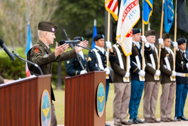 Brig. Gen. Kenneth C. Cole, U.S. Army Aviation Center of Excellence and Fort Novosel deputy commanding general, tells the story of an Army Aviation veteran during the Veterans Day Ceremony on Fort Novosel, Nov. 8, 2024.