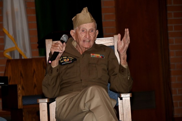 World War II veteran Jimmy Robinson speaks at U.S. Army Yuma Proving Ground&#39;s Halo Chapel on November 10, 2024. Robinson was a mechanic in the 357th Fighter Group and served in uniform from 1942 to 1948.