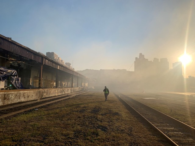 Busan, South Korea - Following a fire that destroyed a refrigerated warehouse at the Busan Storage Center, U.S. Army Garrison Daegu Safety Officer Jose Cabrera conducts a damage survey.