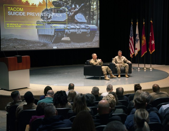 Maj. Gen. Michael B. Lalor, commanding general of U.S. Army Tank-automotive and Armaments Command, and TACOM Chaplain Lt. Col. Michael DeRienzo lead a Nov. 12, 2024 suicide prevention event.