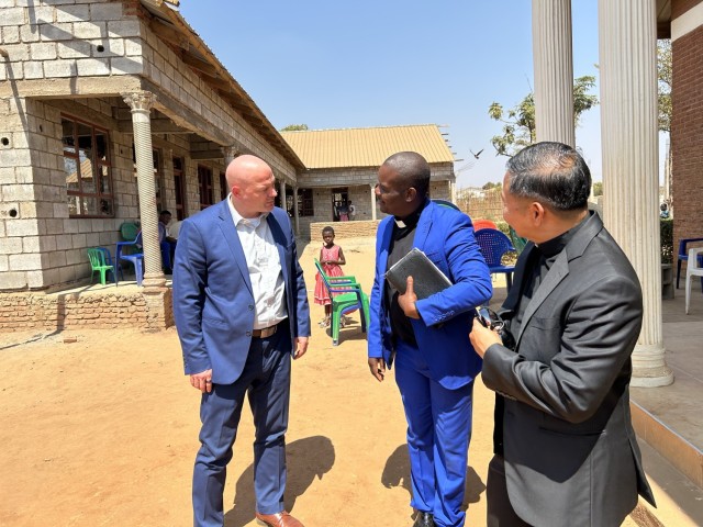 Left to right, North Carolina National Guard State Chaplain Col. Jonathan Heitman, Col. Pastor Noah Tsoka, Malawi Defense Force chief of chaplains, and Col. Alwynmichael Albano, U.S. Southern European Task Force, Africa command chaplain, meet before chapel services at Kamuzu Barracks, Lilongwe, Malawi, Aug. 11, 2024. The military-to-military exchange marked an initial visit as both teams prepared to collaborate on establishing a chaplaincy school for the MDF. (Courtesy photo)