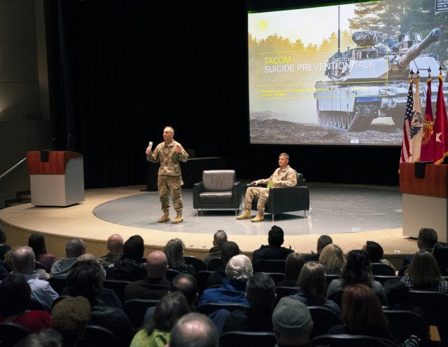 Maj. Gen. Michael B. Lalor, commanding general of U.S. Army Tank-automotive and Armaments Command, speaks at the Nov. 12, 2024 suicide prevention and awareness session at the Detroit Arsenal.