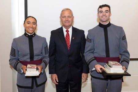 Class of 2025 Cadets Gabriella Sorrentino and Isaiah McNeilly were chosen as the recipients of the 2024 Lt. Gen. Hal Moore Athlete of Excellence Award and received their accolades during a ceremony Nov. 14, 2024, in the Haig Room.