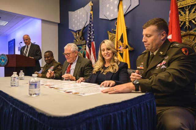 Army Deputy Chief of Staff, G-9, U.S. Lt. Gen. David Wilson, hosts an Inter-Governmental Support Agreement (IGSA) signing event at the Pentagon in Arlington, Va., Nov. 13, 2024. The IGSA signatories included representatives from West Liberty City,...
