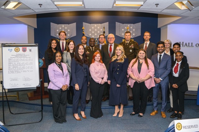 Army Deputy Chief of Staff, G-9, U.S. Lt. Gen. David Wilson, hosts an Inter-Governmental Support Agreement (IGSA) signing event at the Pentagon in Arlington, Va., Nov. 13, 2024. The IGSA signatories included representatives from West Liberty City,...