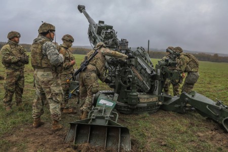 U.S. Soldiers assigned to Fire Artillery Squadron, 2nd Cavalry Regiment adjust the target position of an M777 A2 howitzer in preparation for the upcoming live fire exercise during Exercise Dynamic Front 25 on Grafenwöhr Training Area, Bavaria, Germany, Nov. 14, 2024. Dynamic Front increases the lethality of the NATO Alliance through long-range fires, building unit readiness in a complex joint, multinational environment, and leveraging host nation capabilities to increase USAREUR-AF’s operational reach. Dynamic Front includes more than 1,800 U.S. and 3,700 multi-national service members from 28 Allied and partner nations.