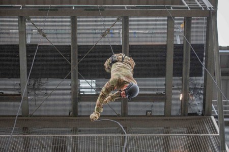 U.S. Army Sgt. 1st Class Brian Tarr rappels down a 90-foot tower during the Air Assault course at the 7th Army Training Command&#39;s Grafenwoehr Training Area, Germany, Nov. 6, 2024. The Combined Arms Training Center, in coordination with the Maneuver Center of Excellence Army National Guard Warrior Training Battalion mobile training team, hosts a 10-day Air Assault Course that prepares Soldiers for airmobile operations. During the course, students train and are evaluated on combat assault, sling loads, rappelling, physical fitness and other critical skills.