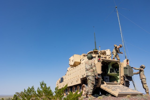 Soldiers from 1st Armored Division participating in the Assured Positioning Navigation and Timing Exercise (PNTAX) set up communications prior to the exercise, Friday, September 6th, 2024, White Sands Missile Range, New Mexico. (U.S. Army photo...